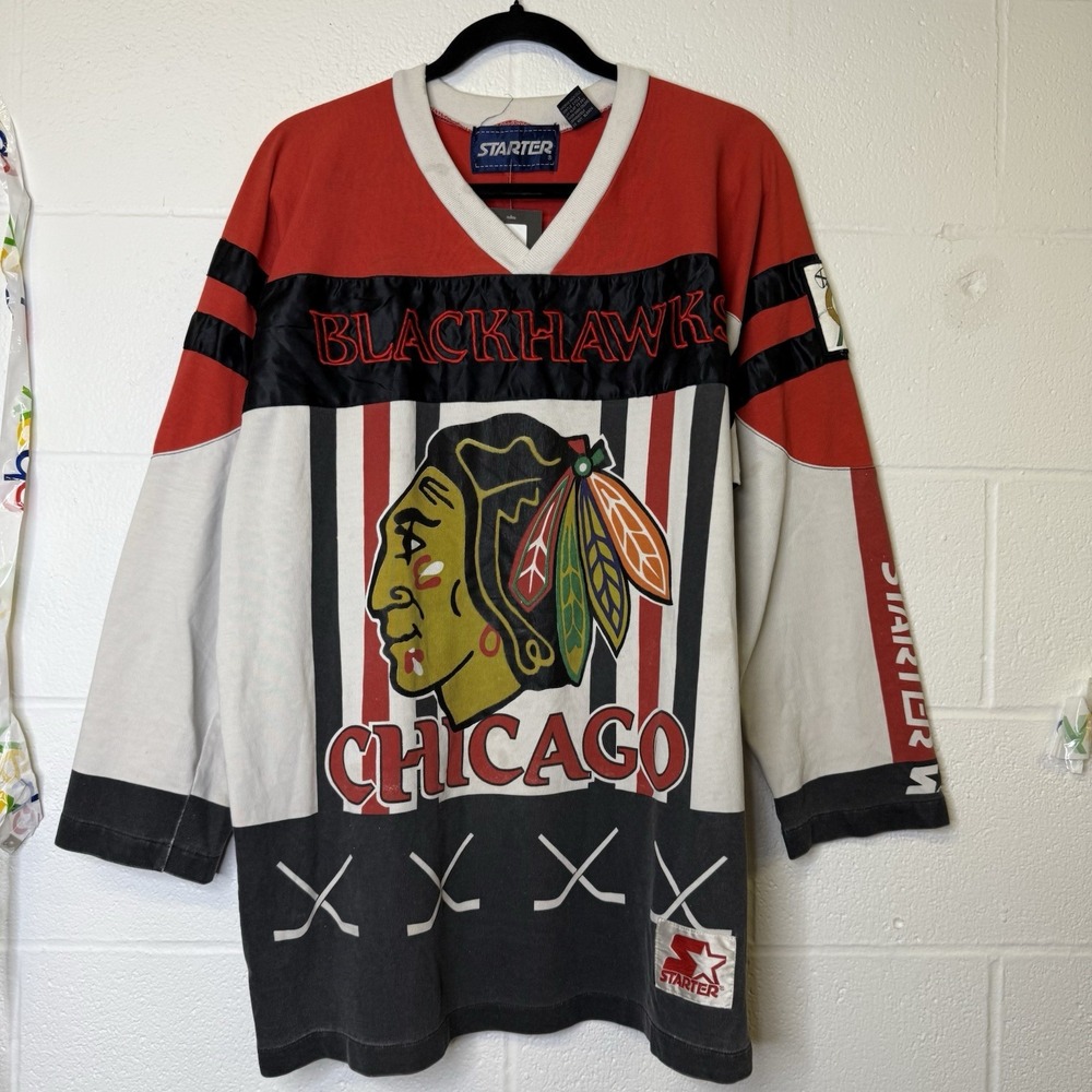 Vintage Starter Chicago Blackhawks Hockey Jersey L NHL AOP Shirt 90s